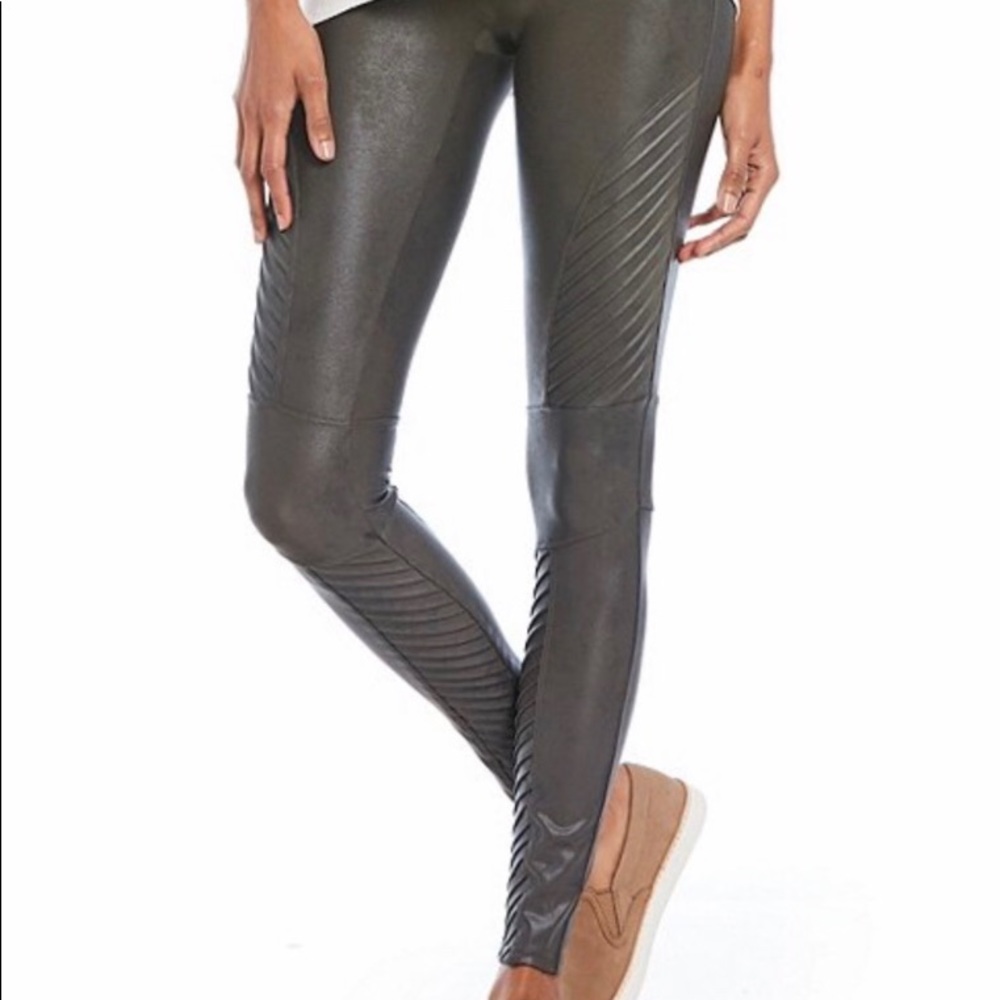 Spanx faux leather moto leggings. gunmetal. small